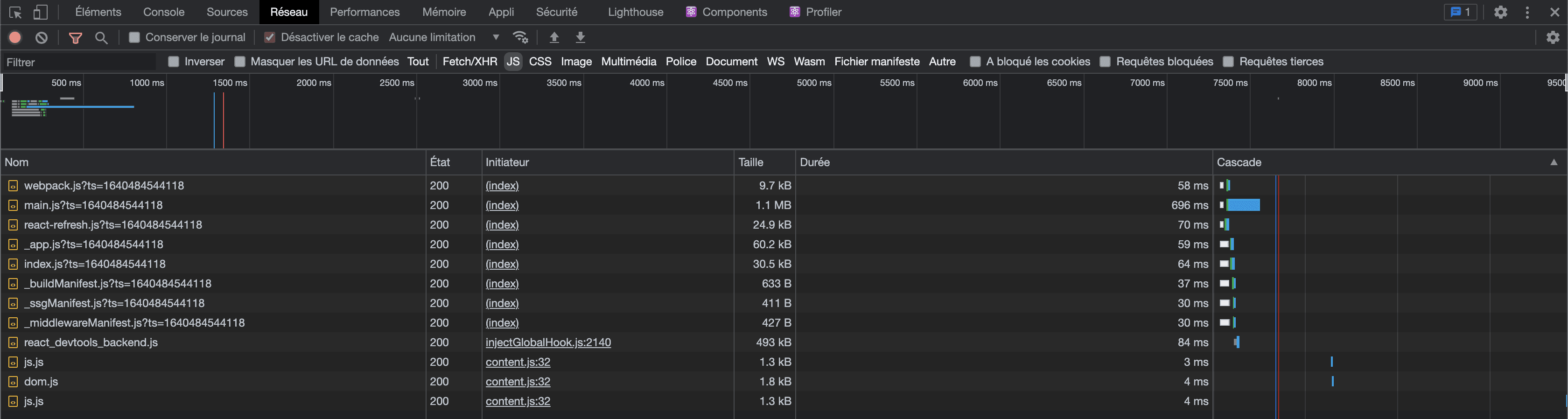 Network's tab of Chrome's inspect, scoped on JS requests.