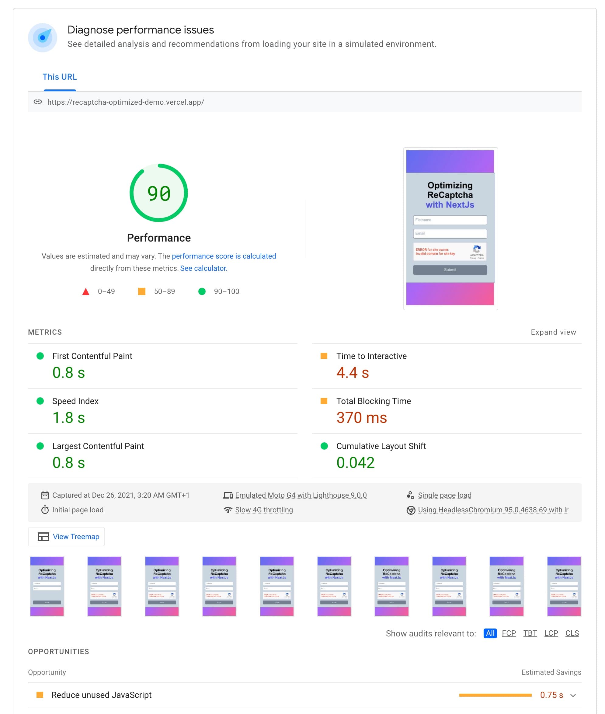 Google's Page Speed audit of our page