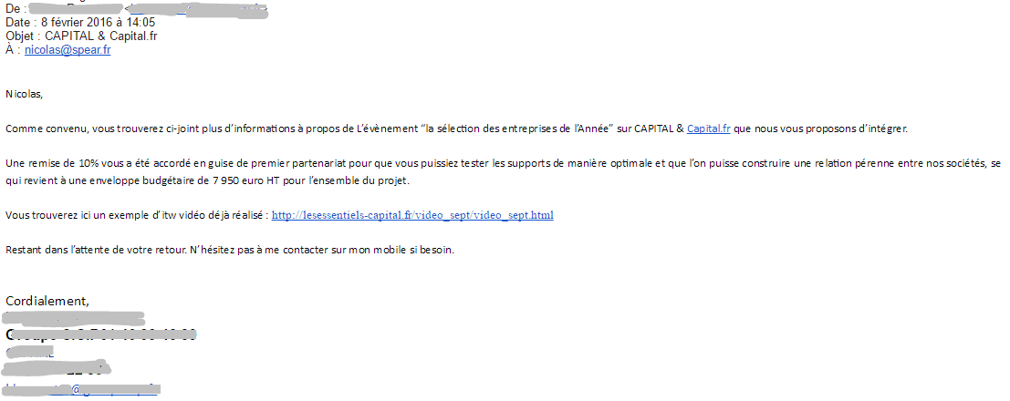 Le premier mail qu’on a reçu de la part de l’agence de communication