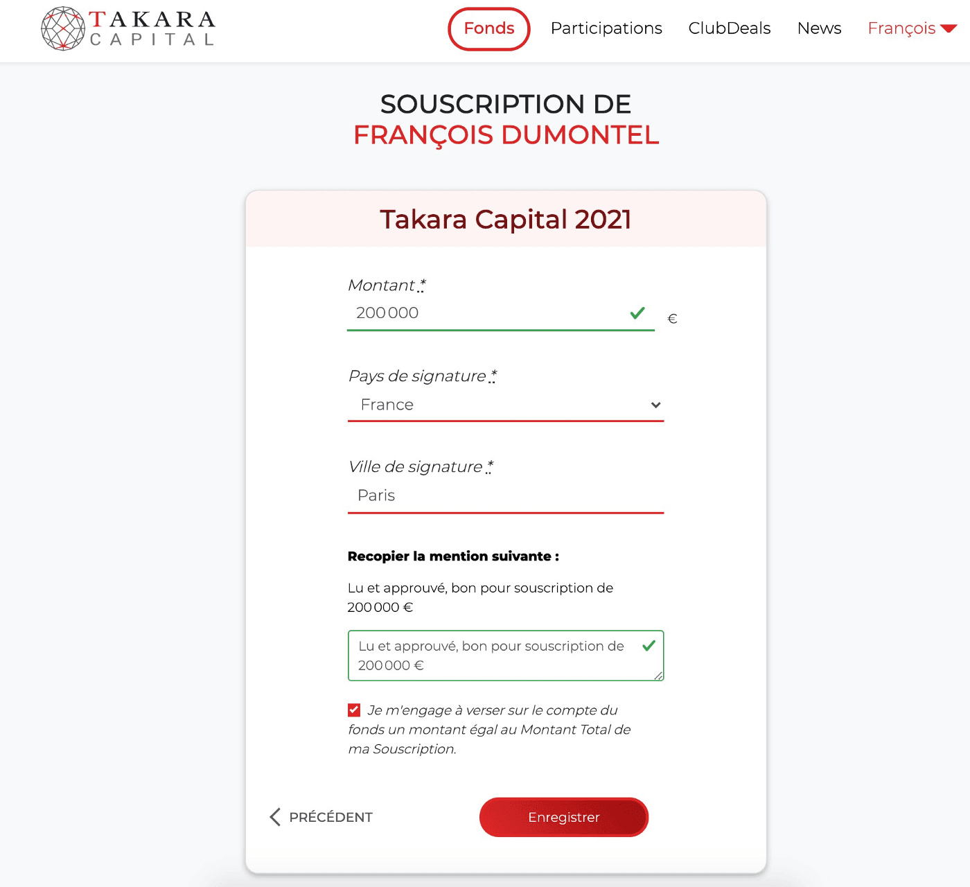 Souscription à un fonds chez Takara Capital