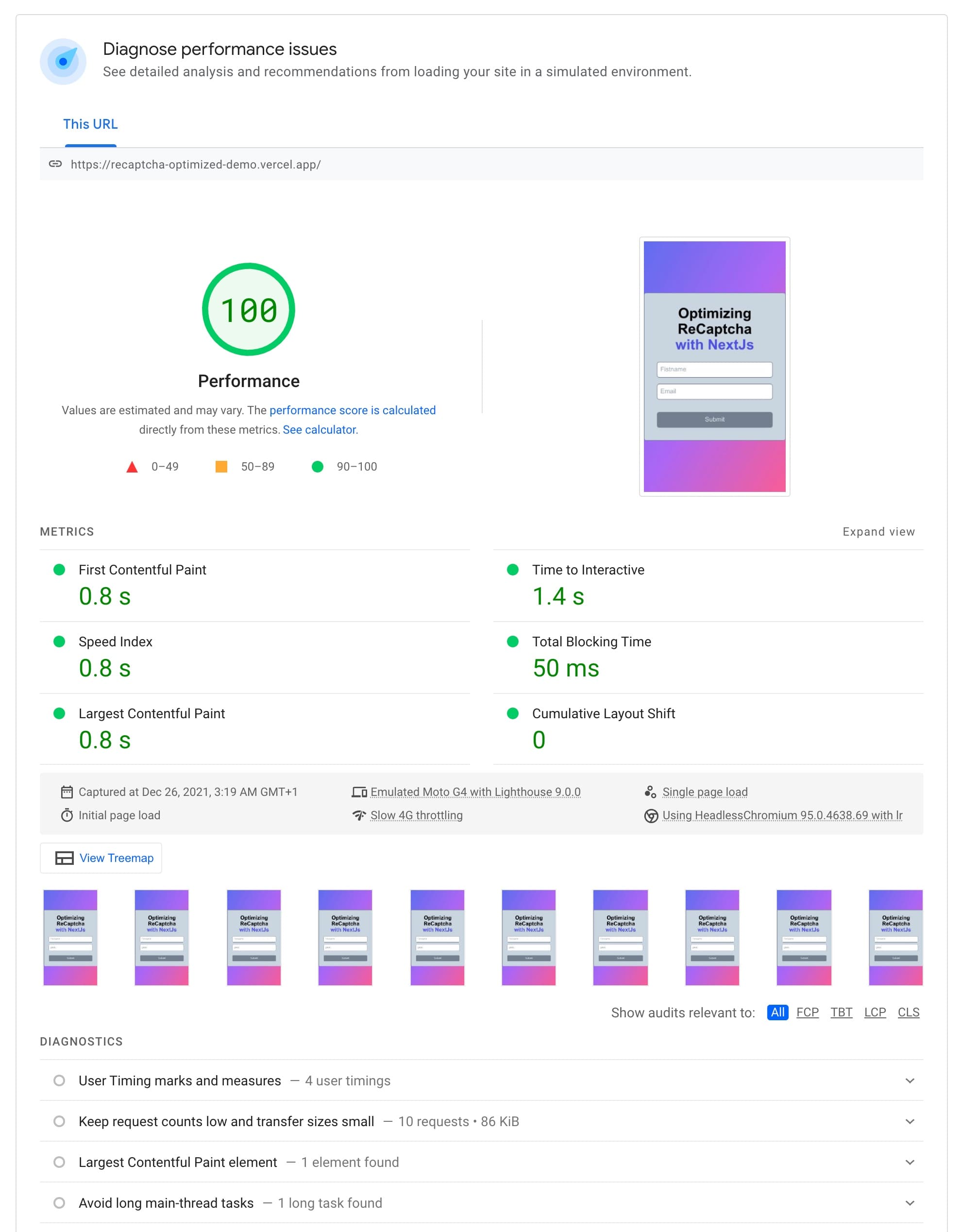 Google's Page Speed audit of our page after the optimization