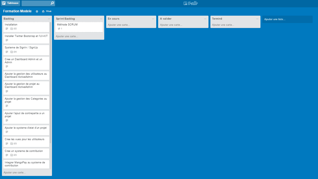 Et voici son petit frère, le board Trello pour la formation des nouveaux développeurs !