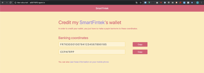 La page "Créditer le portefeuille de mon SmartFintek".