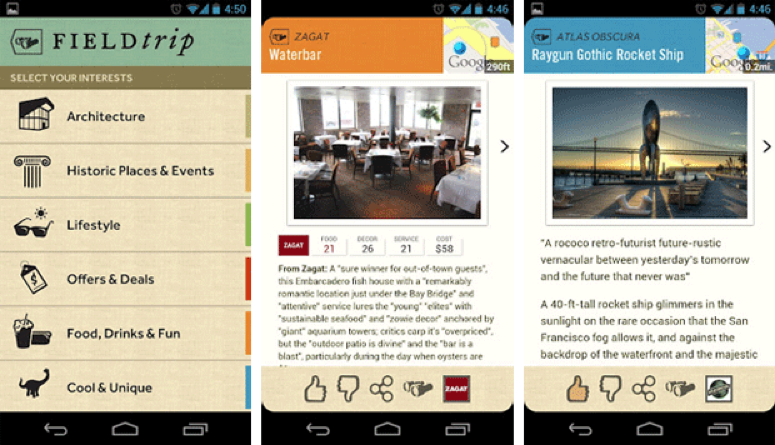Mobile screenshots of Niantic's first app, Field Trip